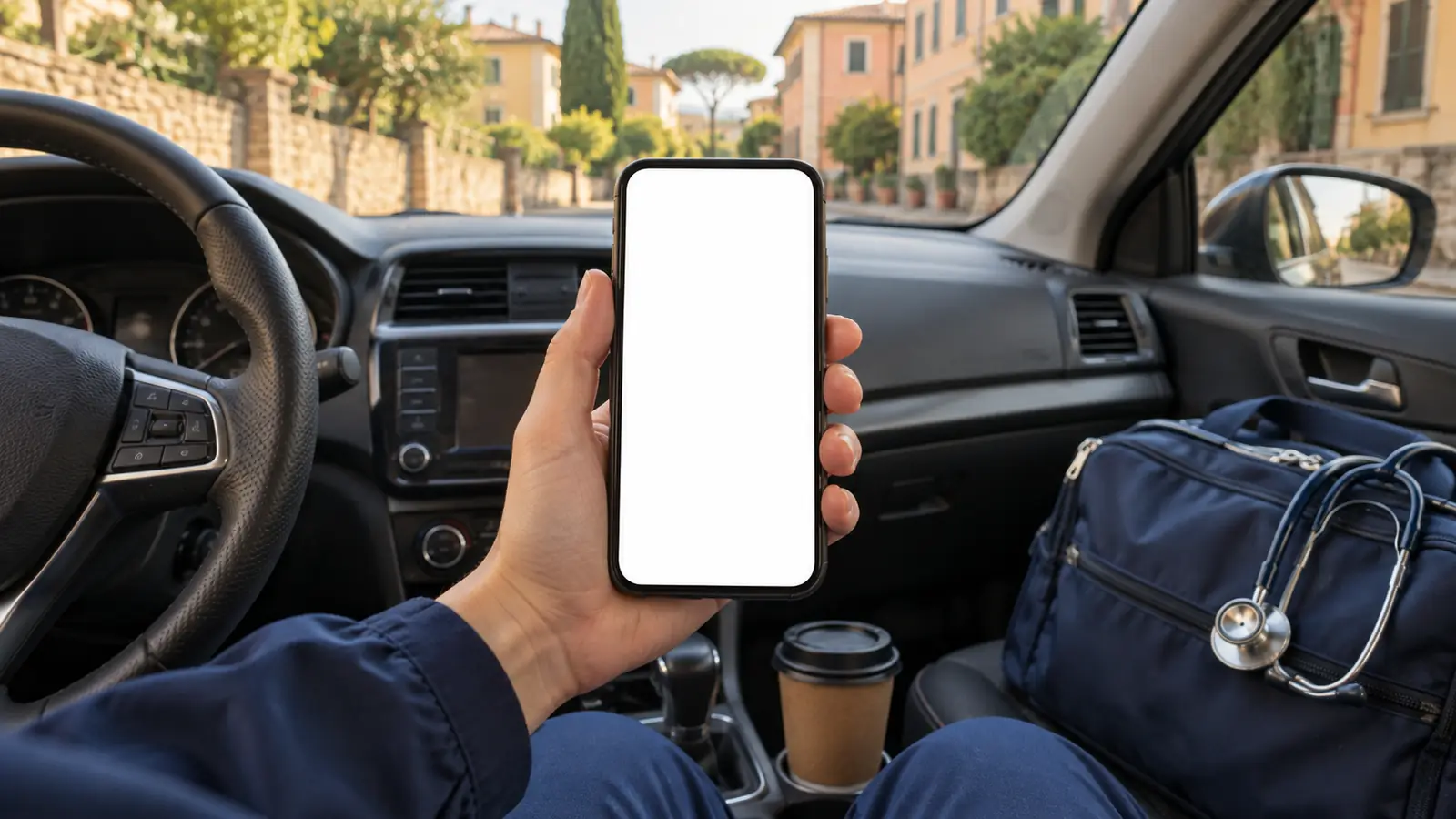 Un'infermiera in auto consulta l'app con gli accessi del giorno