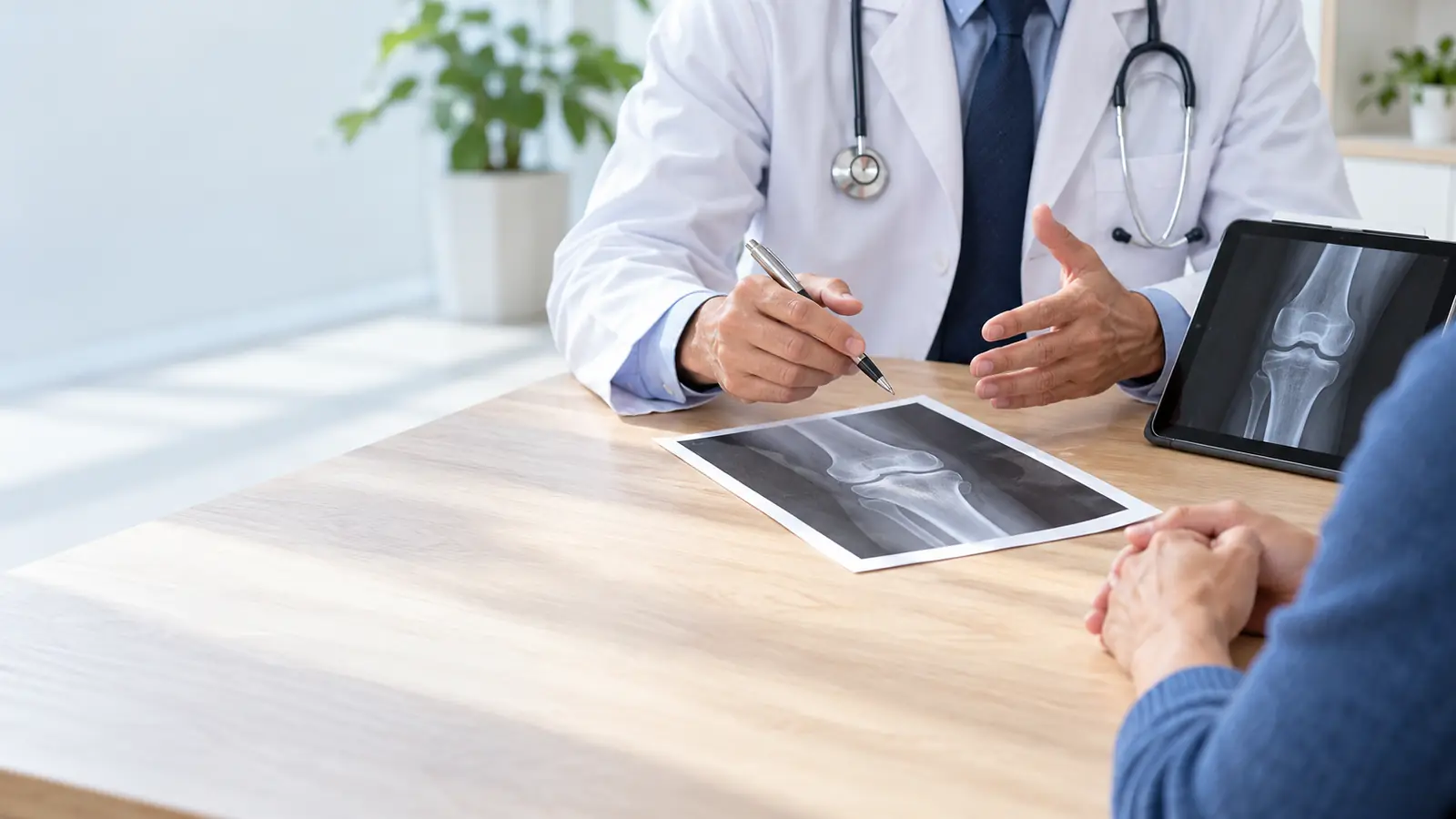 Un chirurgo spiega l'intervento a un paziente mostrando la radiografia