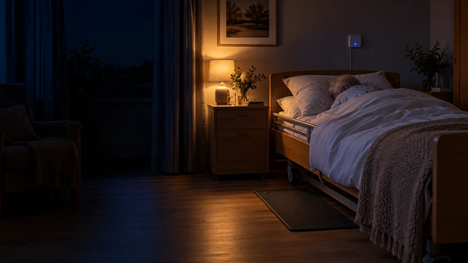 Una camera di notte con un sensore discreto sopra il letto