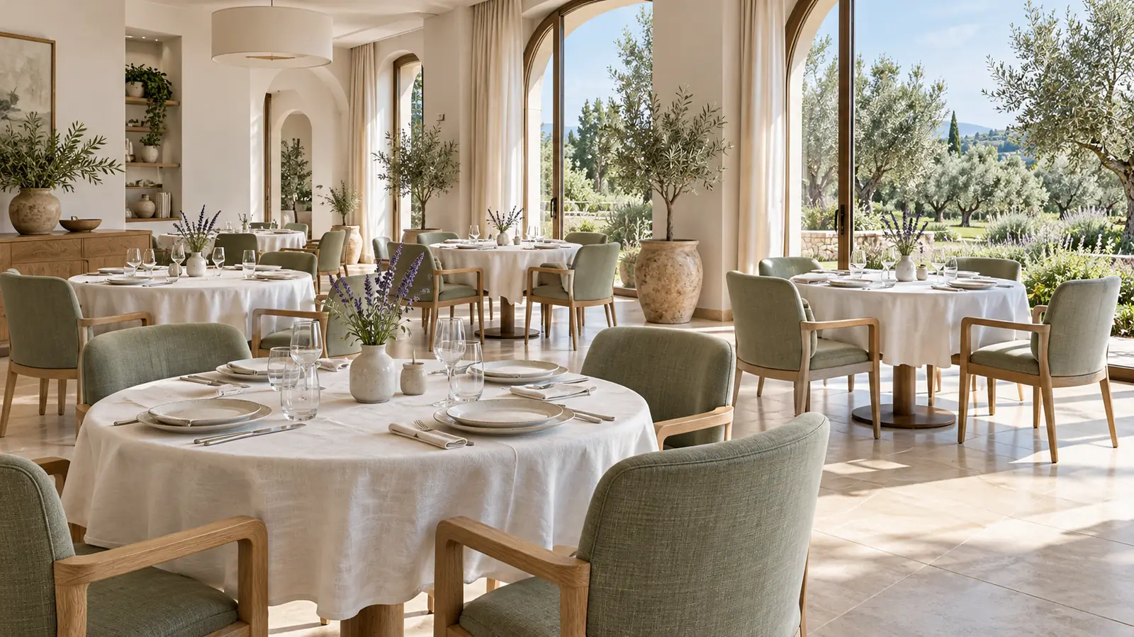 La sala da pranzo apparecchiata