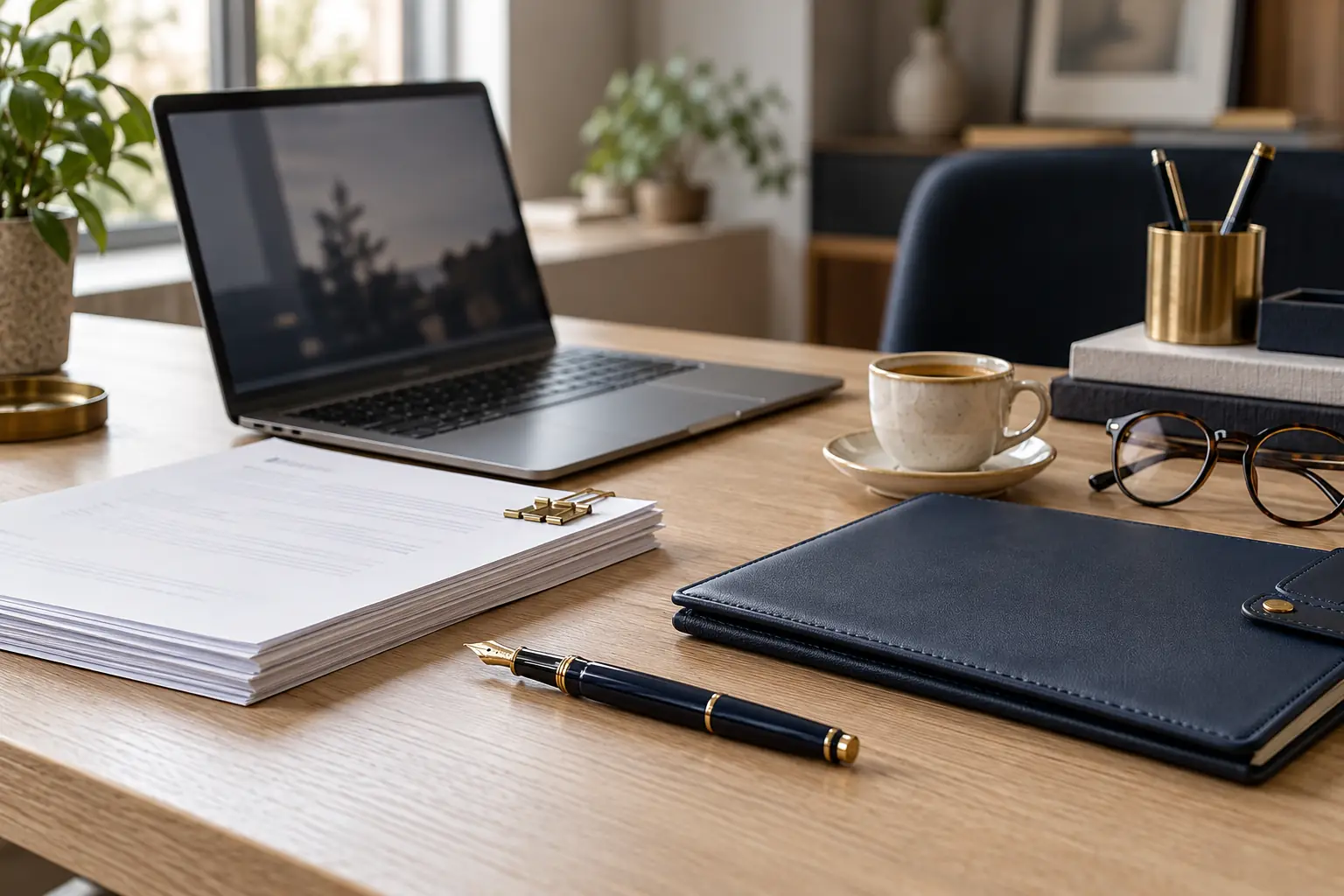 Una scrivania con fatture, penna e computer portatile